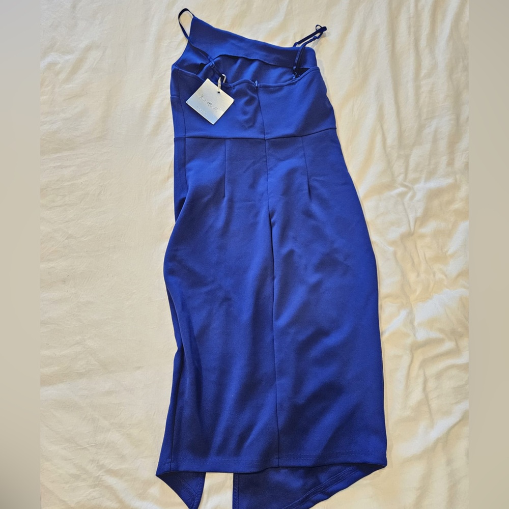 Royal Blue One Shoulder Asymmetrical Slit Midi Dress - Picture 3 of 3